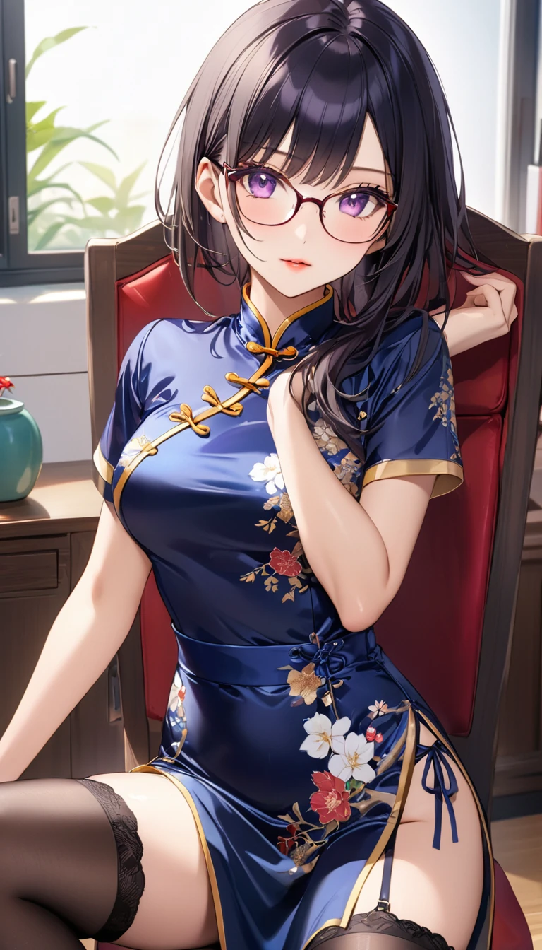 (High quality, High resolution, Fine details), wearing glasses, (stylish, modern), vintage Chinese dress, attractive posture, luxurious fabric texture, floral pattern, solo, curvy women, dark blue hair, sparkling eyes, (Detailed eyes:1.2), smile, blush, Sweat, Oily skin, shallow depth of field, graceful aura, soft light
