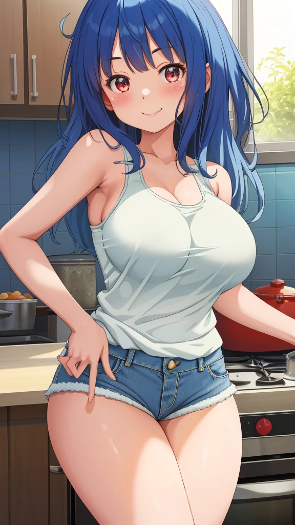 masterpiece, best quality,(NSFW:0.7), (Yanami Anna:0.999), blue hair, big breasts, big thighs, Blush, wearing a white tanktop and denim shorts, stylish, kitchen, light rays, glow, thighs, smile 