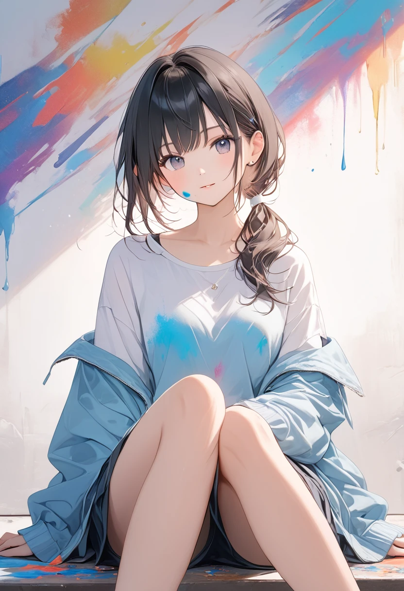 Dough, Thick Paint,(Amazingly absurd)),(masterpiece:1.2),超High resolution, Attention to detail, high quality, High resolution, 最high quality, 4K, 8k、Beautiful work,Artwork using paint、Colorful gradient、Girl with paint on face and body、Sit in front of the artwork、sitting cross-legged