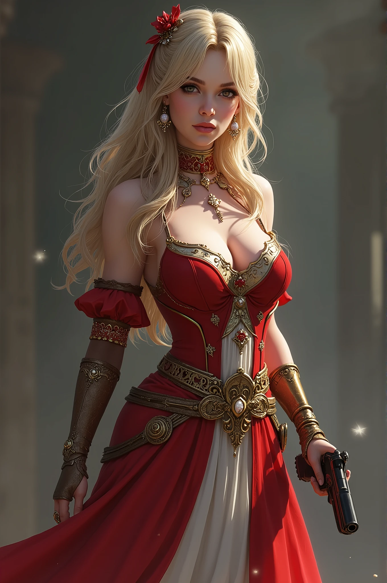 Subject: ((1 girl)) 18-year-old Woman, Game of Thrones RPG Character, Ivy is a human character for Game of Thrones. She has curly black hair cascading down her shoulders, light green eyes with a hint of mischief, and white skin dotted with freckles, giving her a youthful and seductive appeal. She is dressed in a flowing, Scarlet red dress with intricate silver details, accentuating her curves and adding an air of mystery and allure. Silver jewelry adorns her neck, wrists, and ears. Her hair is styled in an elegant updo, with a white narcissus tucked behind her ear.
