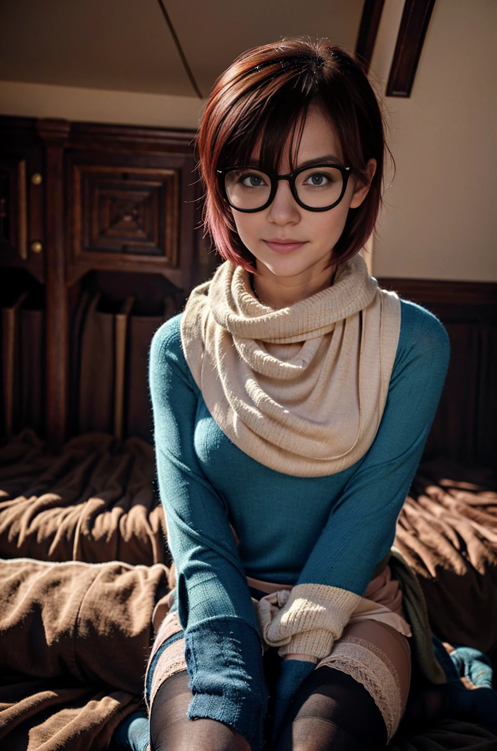 (Absurd:1.0), hiperrealistic and detalles image, perfect eyes, perfect face, very shy, in an old library, with glasses, intense blue eyes, One Girl, Lucca、Italian girl, Chrono Trigger、red Hair、Short Hair、hig chest、Looking at the audience、Bedroom、(blush:1.2)、Embarrassed expression、((pantyhose))、((Knitted dress))、((sit))、