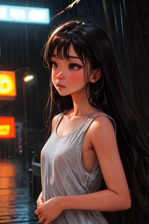 ultra-detailed, vibrant colors, soft natural lighting, fine art, bokeh effect. upper body, casual outfit, medium shot, big eyes, huge eyes, ((standing)), ((raining:1.4)), under the rain, ((gray colours:1.5)), ((at night)), ((dark atmosphere:1.5)), ((small breasts:1.3)), ((flat chest)), ((neon lights:1.4)), ((Hong kong view on the background:1.4))