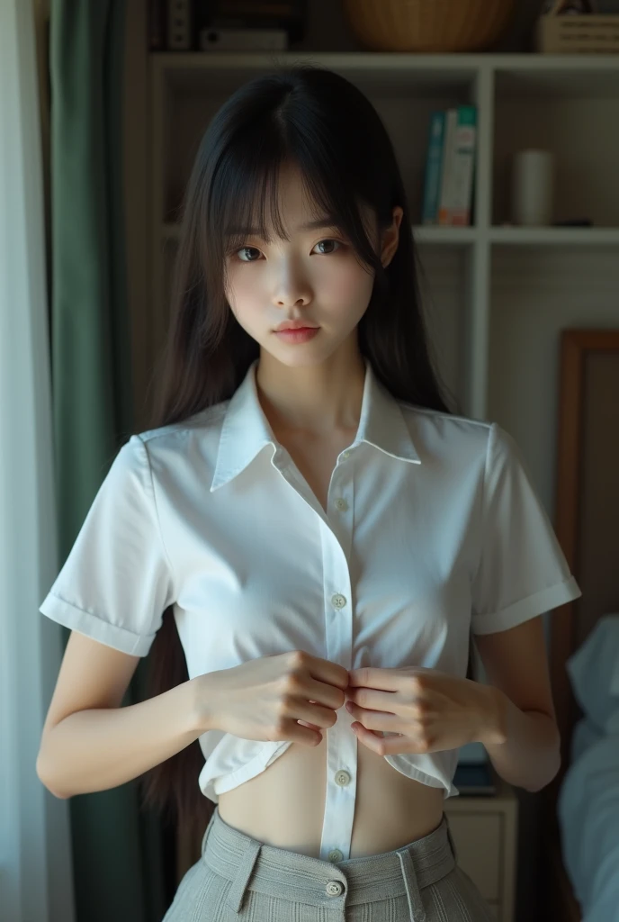 ((highest quality, 8K, masterpiece :1.3)), 16 year old Japanese beautiful girl、Student uniform、White collared blouse、Larger breasts、Painful expression、Tears