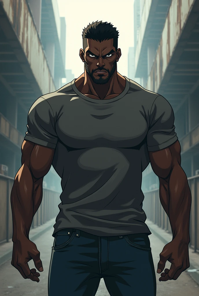 black male, with short dreadlocks and a well-trimmed beard, brawny , anime version