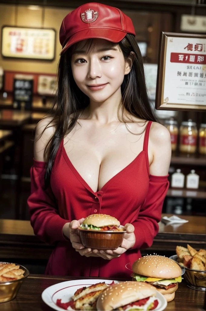 nsfw、(Best Quality、masterpiece、Best Quality、High resolution)、One Woman、(huge breasts、cleavage、dynamic pose、dynamic angle)、


She works at a burger shop.。She is wearing a red uniform and cap。She works behind the counter taking orders quickly and serving customers with a smile.。The face is bright and friendly。The store is lively and the other staff are busy moving around.。Menus and posters are posted around the restaurant, and trays and drinks are lined up on the tables.。