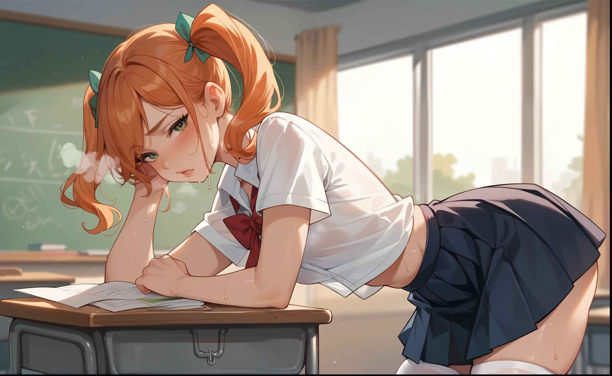 score_9, score_8_up, score_7_up, 1girl, twin tails ginger hair, in a classroom, sexy pose, blushing, heavy breathing, sweating, school uniform, afternoon, hot weather, small breasts, white thigh highs