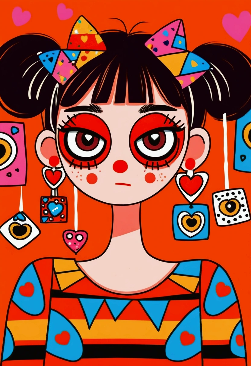 girl with bangs and cute bob haircut, wearing a playful skull mask with large hollow eyes and pointed ears, bright red square-shaped earrings, multicolored striped top, bold geometric design, standing pose, expressive cartoon style, worried facial expression, orange background with heart doodles, vibrant and quirky atmosphere, colorful and lively sketch