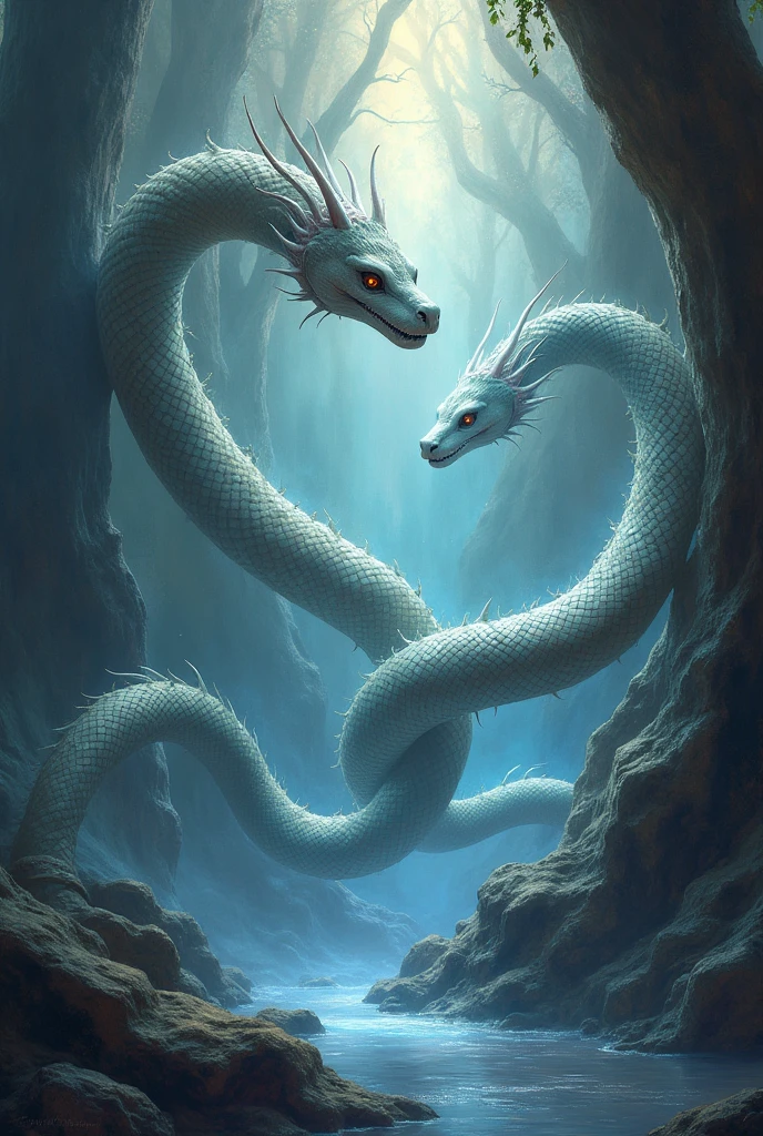 From big smoky fog from mountains a three headed dragon with blue eyes with blurry fantasy