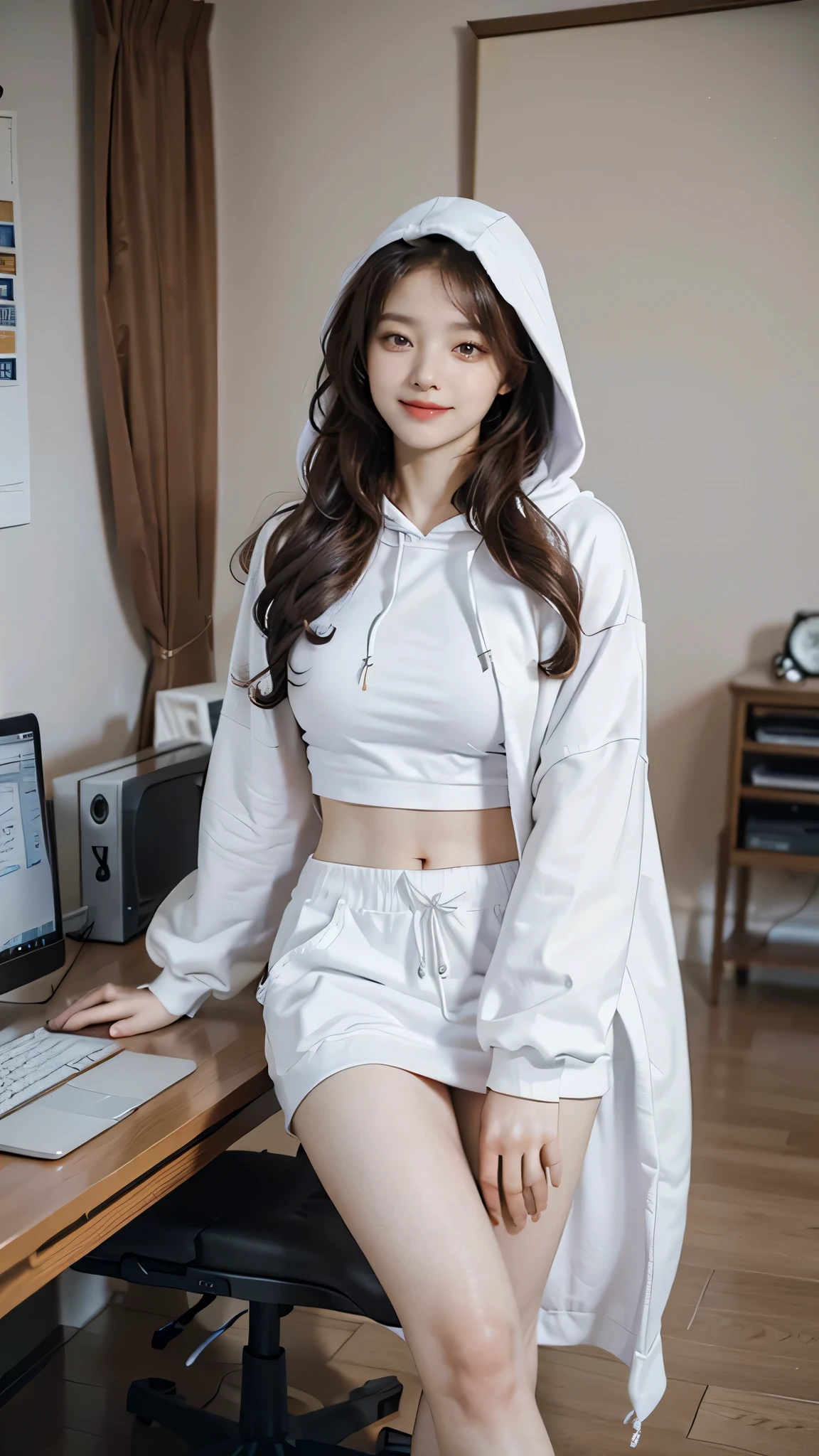 Very young Chinese teen girl,Height 165,The body is slim and curvy, but the buttocks and chest are also plump.,Thick and long hair,Waist-length hair,Have an air bangs,Wearing a white hoodie,And a pair of super short white shein sports shorts, but half of them are covered by a white hoodie