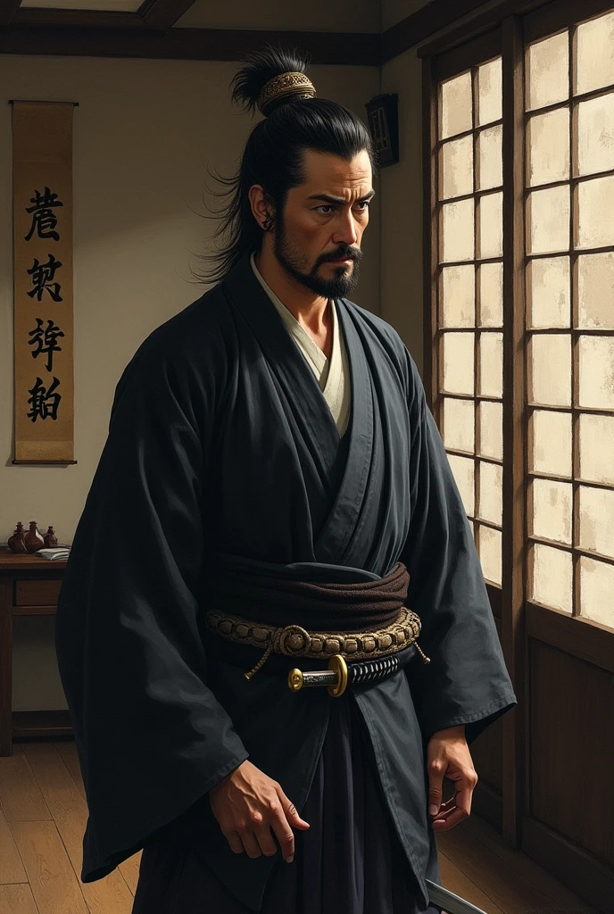 Long black hair, ancient Chinese clothing, middle-aged man, muscular, big man