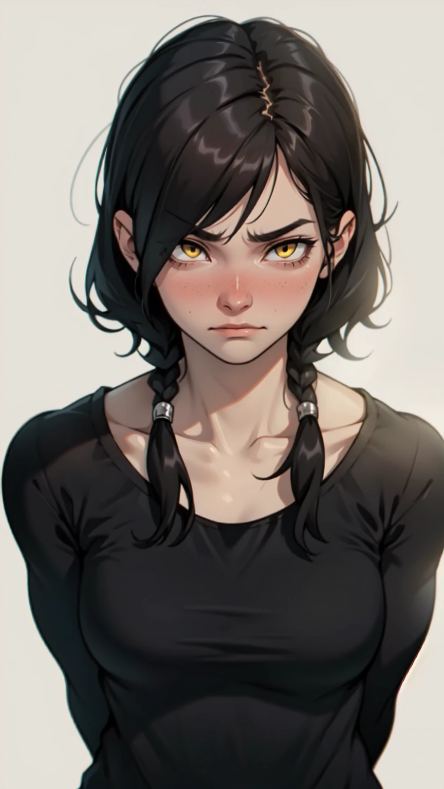 1 girl muscular black hair yellow eyes huge breasts pale skin expressionless sad expressionless sad expressionless sad expressionless sad expressionless sad expressionless sad expressionless sad creepy