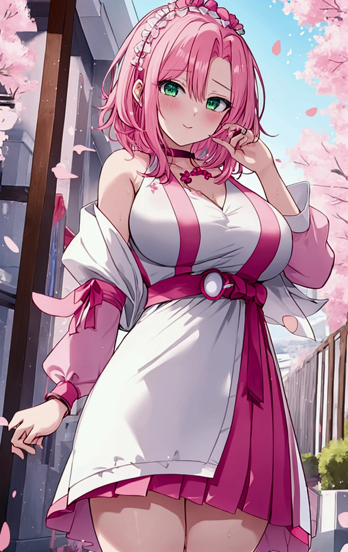 anime girls with pink short hair,(masterpiece:1.2), best quality, expressive eyes, perfect face standing, sakura, sakura haruno,big breasts, sexy dress, sweaty, cleavage, bare shoulders, vibrant colors, soft lighting