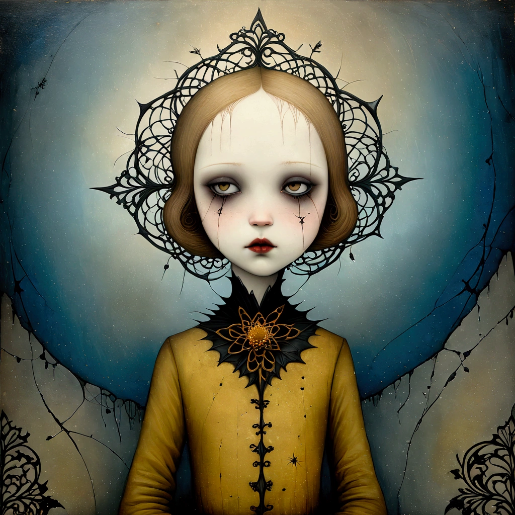 Dave Mckean, Catrin Welz-Stein, Surrealist art , dream-like, Mysterious, Provocative, symbolic, Complex, detailed,, (Gothic but very beautiful:1.4), (masterpiece, highest quality:1.4) , Dave McKean Style,Young woman, light brown hair, fine porcelain face with small cracks, with amber, ochre, and blue colors (Nicoletta Ceccoli:1.4), holds 5 masks representing her face tightly to her chest. Background a large cliff with grass, stormy sea
