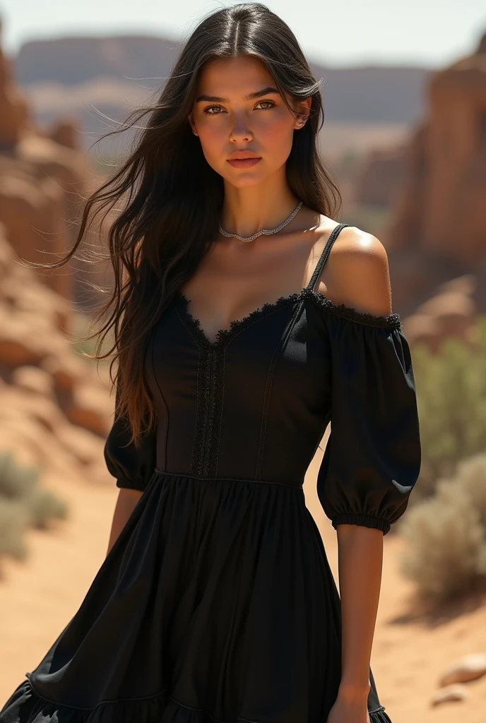 Dress: A flirty, fringed suede mini dress in earthy brown, featuring a plunging neckline and intricate beadwork along the hemline.
Accessories: Pair the dress with rustic brown cowboy boots, a wide-brimmed hat with a leather band, and a chunky turquoise statement necklace.
Background: Create a cowboy shot-style image featuring a woman in a dynamic pose against the backdrop of a rugged western landscape. Picture vast open plains stretching into the distance, with rolling hills, rocky outcrops, and a dramatic sunset painting the sky in hues of orange and pink. The woman stands tall and confident, her silhouette outlined against the fading light, embodying the spirit of the wild west.
