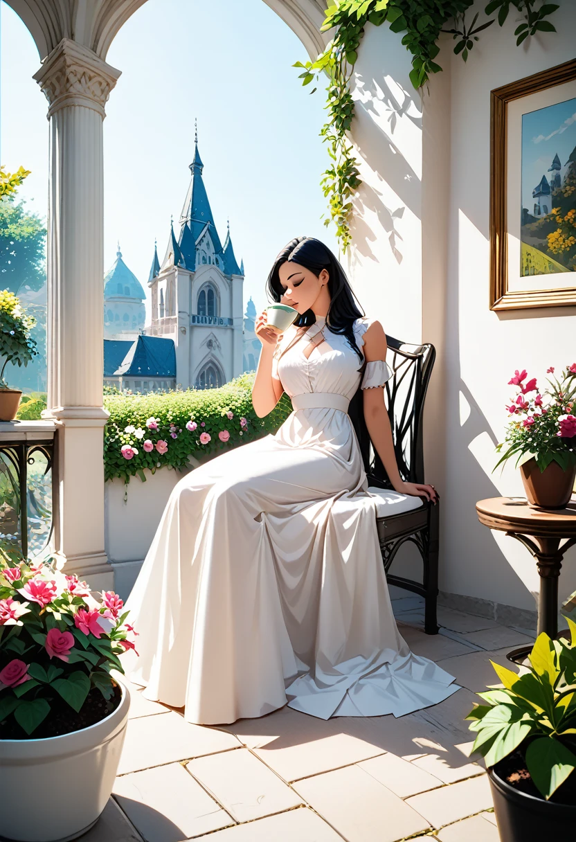 One girl, Long straight black hair,White blouse,Black long skirt,Garden of the mansion,Sitting in a chair drinking tea,(((((nsfw)))))