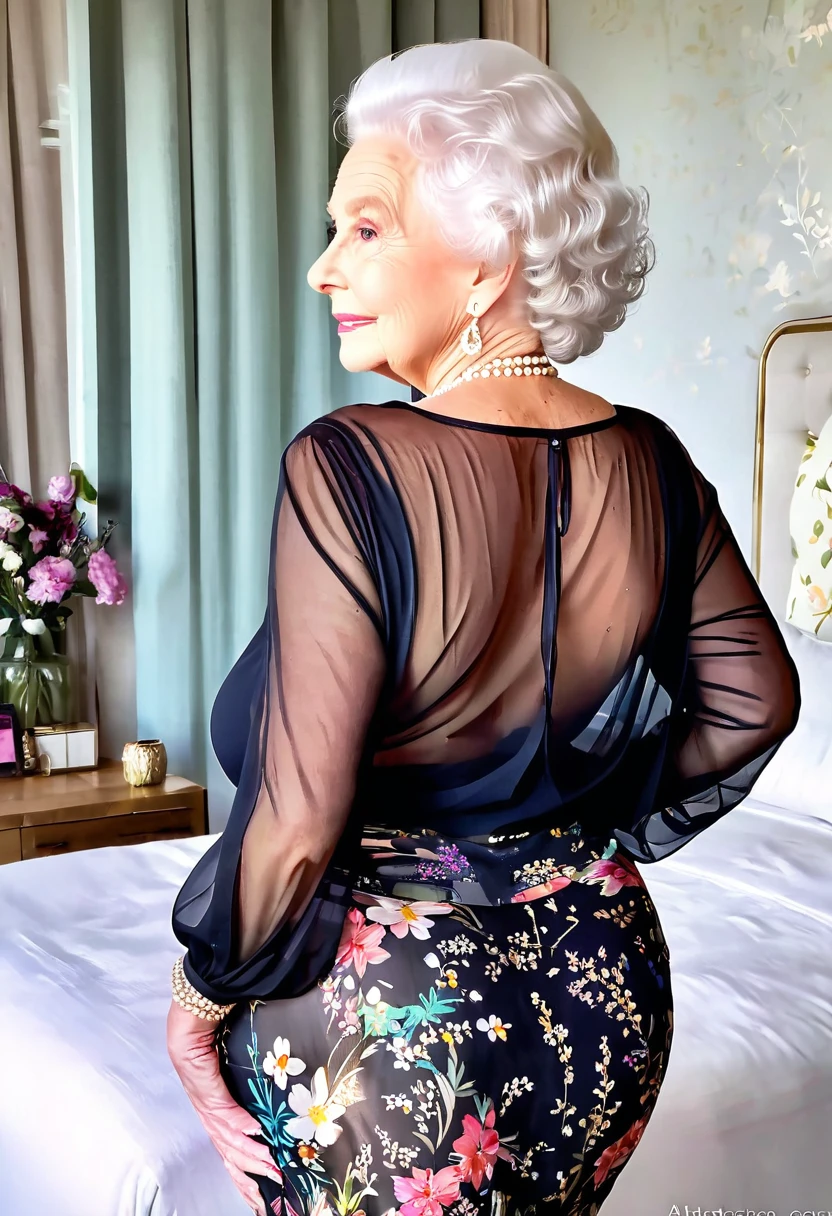 Gorgeous queen elizabeth 80yo, (chiffon black sheer blouse with floral prints:1.4), cleavage, (from behind from back:1.4), cotton sexy skirt, homemade photo, (huge saggy breasts with pointed nipples:1.2), (amateurish photo:1.4), (Instagram photo), (distance from camera:1.5)