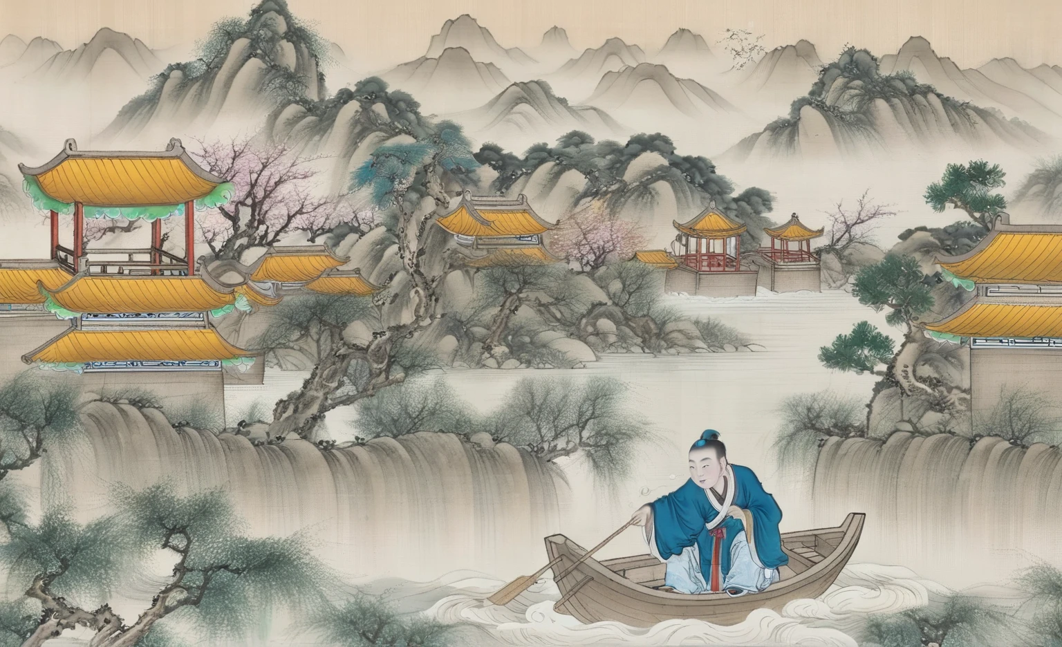 arafed man in a boat on a river with mountains in the background, chinese landscape, ancient china, chinese artist, dreamland of chinese, fisherman, chinese art, chinese style, chinese fantasy, chinese heritage, chinese village, hou china, traditional chinese, ancient chinese architecture, oriental scene, stunning scenery, asian art, by Raymond Han, oriental wallpaper