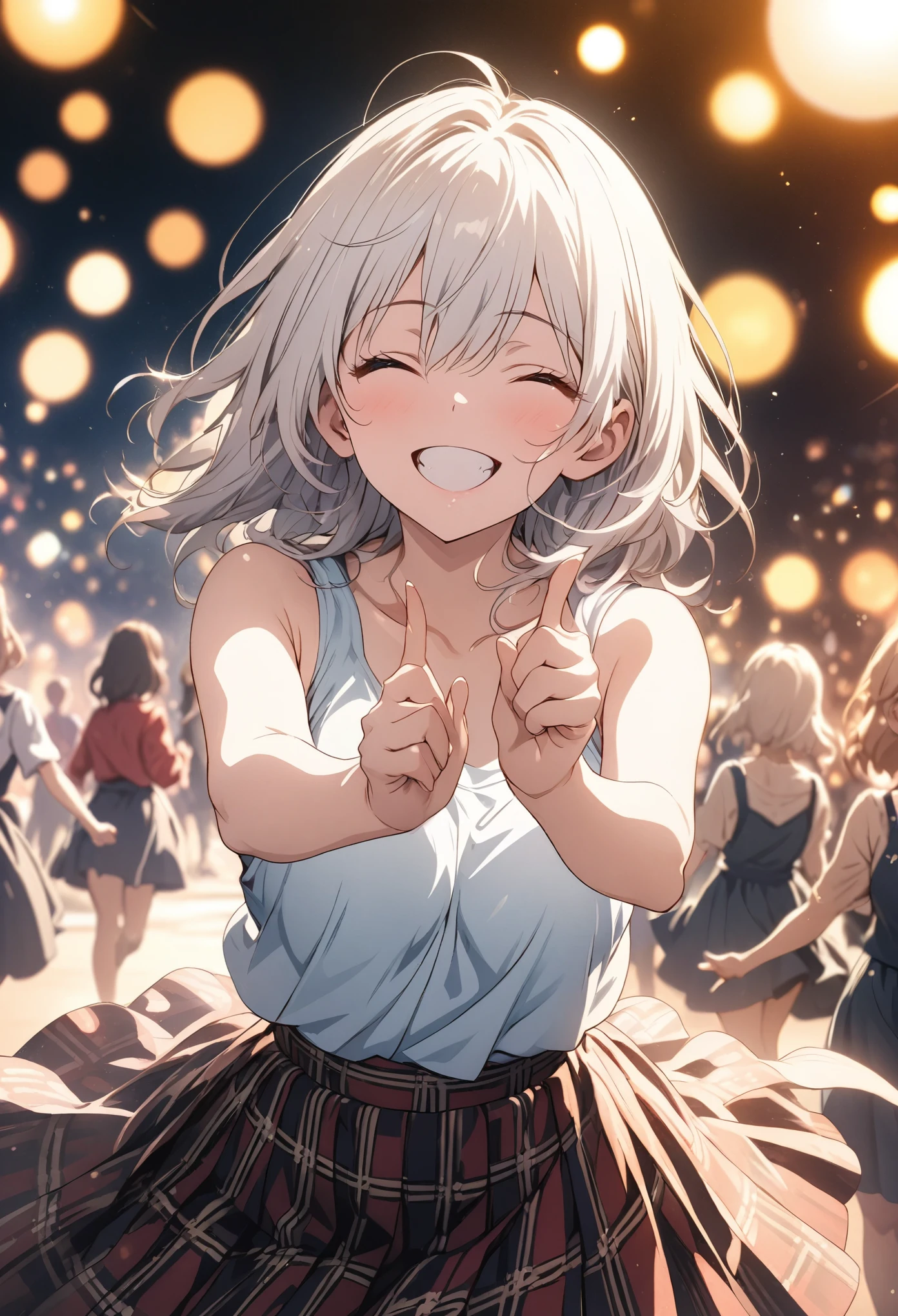 masterpiece, Best Quality, Highly detailed CG Unity 8k wallpaper, High  Girl Anime Illustration. Wear a large tank top, She is wearing a red and black checked skirt., Carp Dance, Pointing index fingers of both hands, She has her eyes closed and her mouth open, smile. The background is a light pastel colored landscape..., White hair color, Yellow Eyes, Bokeh Photo, (Soft Focus):1.2, Out of focus highlights, Dreamy atmosphere, Shining circle, Fascinating Depth, The background is a realistic landscape