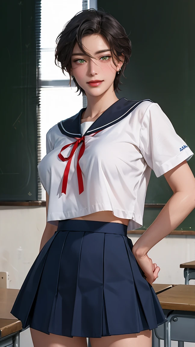 1 girl、japanes、Watching the view、Schools、Homeroom(Homeroom:1.5)、a smile(a smile:1.5)、Medium chest、beautiful finely detailed eyes、during daytime、length hair(length hair:1.4)、Kawaii School Uniforms(Kawaii School Uniforms:1.5)、de pele branca、(8K、top-quality、​masterpiece:1.2)、(realisitic、Photorealsitic:1.37)、ultra-detailliert、Twin-tailed(Twin-tailed：1.7)、The navel is slightly visible(The navel is slightly visible:1.1)