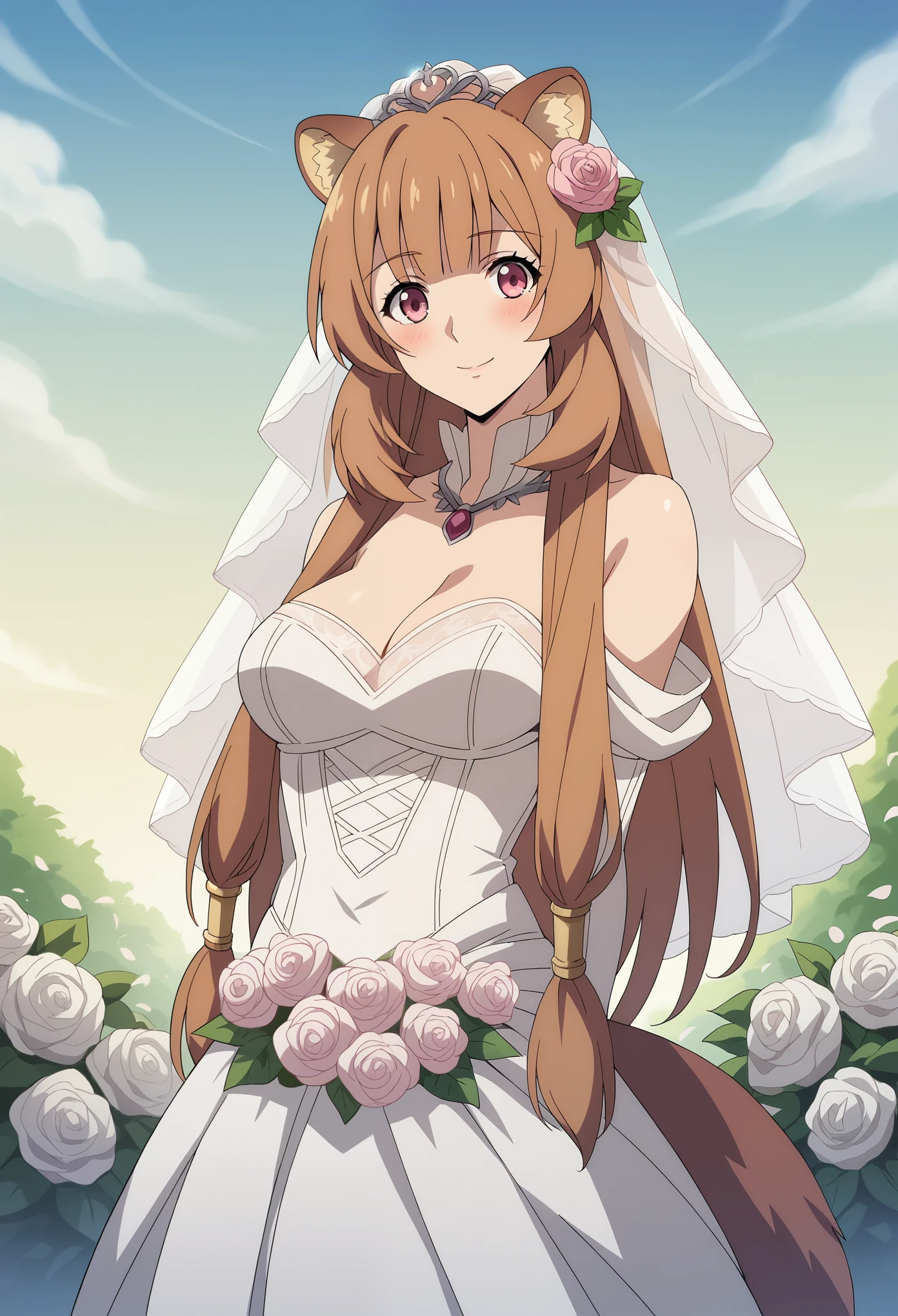 score_9, score_8_up, score_7_up, source_anime, solo, 1girl, raphtalia, long hair, bangs, brown hair, animal ears, raccoon ears, raccoon tail, raccoon girl, pink eyes, blushing, looking at viewer, wedding dress, wedding veil, off shoulder, cleavage, smile, outdoor, sky, standing, cowboy shot, jewelry, flower, medium breasts, anime screencrap