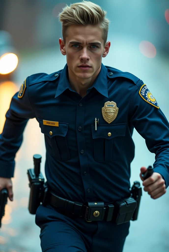 a handsome young man in a police uniform, midnight in the city, cop car in background, bullet proof vest, (close up), (looking at camera) a crooked cop, (candid, amateur), (raw, 8k, uhd, fujifilm xt3), <lora:alanRitchson:1>