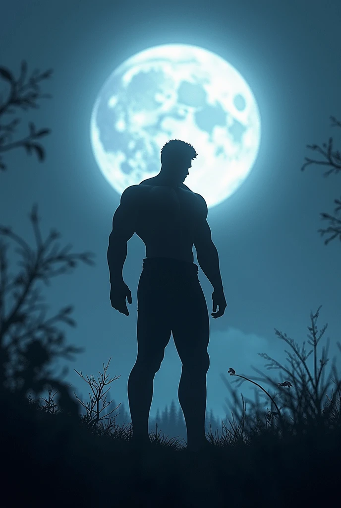 Tall dark haired male, naked, hairy butt, huge penis, beautiful body and face standing outside looking at a huge moon