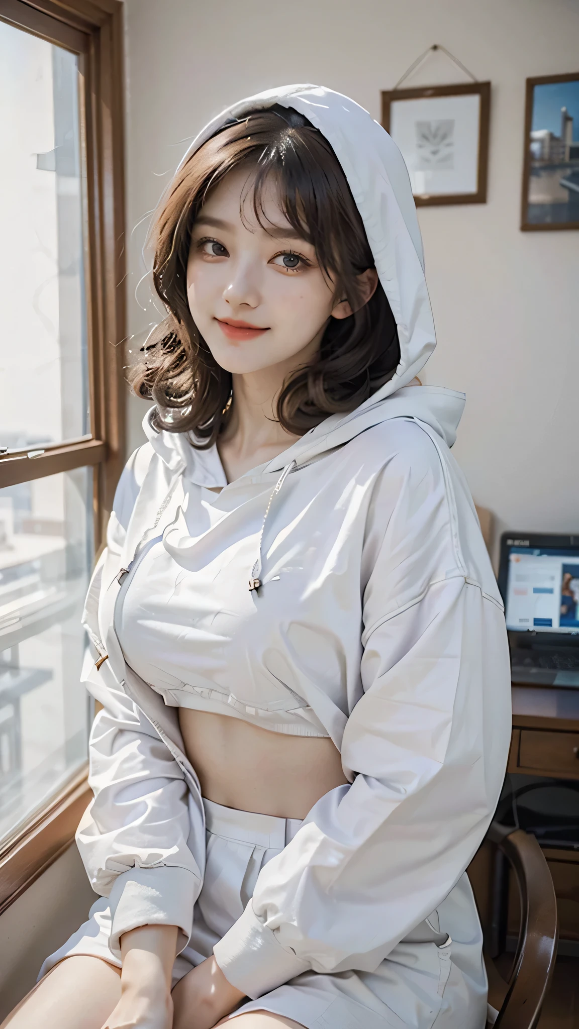 17-year-old cool Korean, big round breasts, cleavage, hooded hoodie with super cropped length, cropped length cut and sewn, skirt, beautiful eyes in detail, eyelashes, beautiful double eyelids, eyeshadow, slender eyes, thin beautiful thighs, beautiful thin legs, perfect eye makeup, bright blonde hair, bob cut, , necklace, earrings,