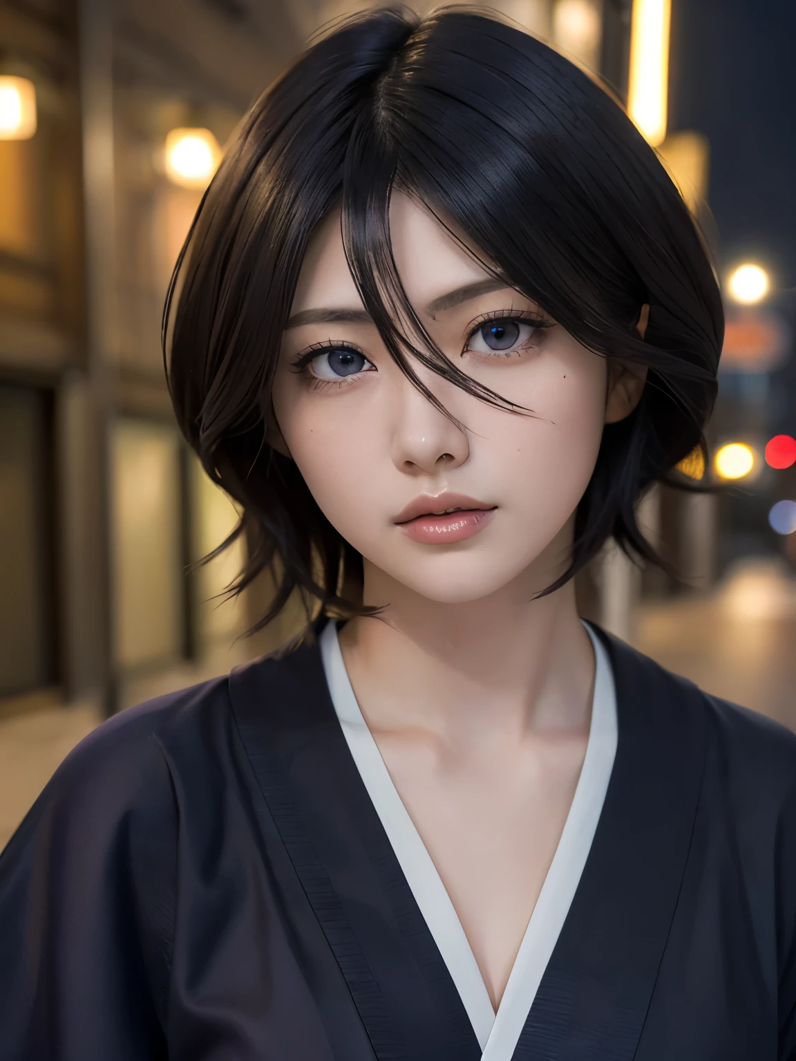Black Hair, One girl, short hair, alone, (Hair between the eyes:1.75), View Viewer, blue eyes, black kimono, hakama pants, hight school girl,
最high quality, masterpiece, High resolution, high quality, natural skin, (close up:1.3) photo of as (young:1.0) woman, dynamic angle, dynamic pose,
(slick undercut hair:1.2), (8k uhd:1.0), (best quality:1.0), (masterpiece:1.0), (sharp focus:1.0), (basic grey backdrop:1.0), Realistic photos, 
Black kimono, Purple eyes, 
background, super realistic photo of Residential Street at night, highly detailed, house roads on the ground shine with lights, 8K