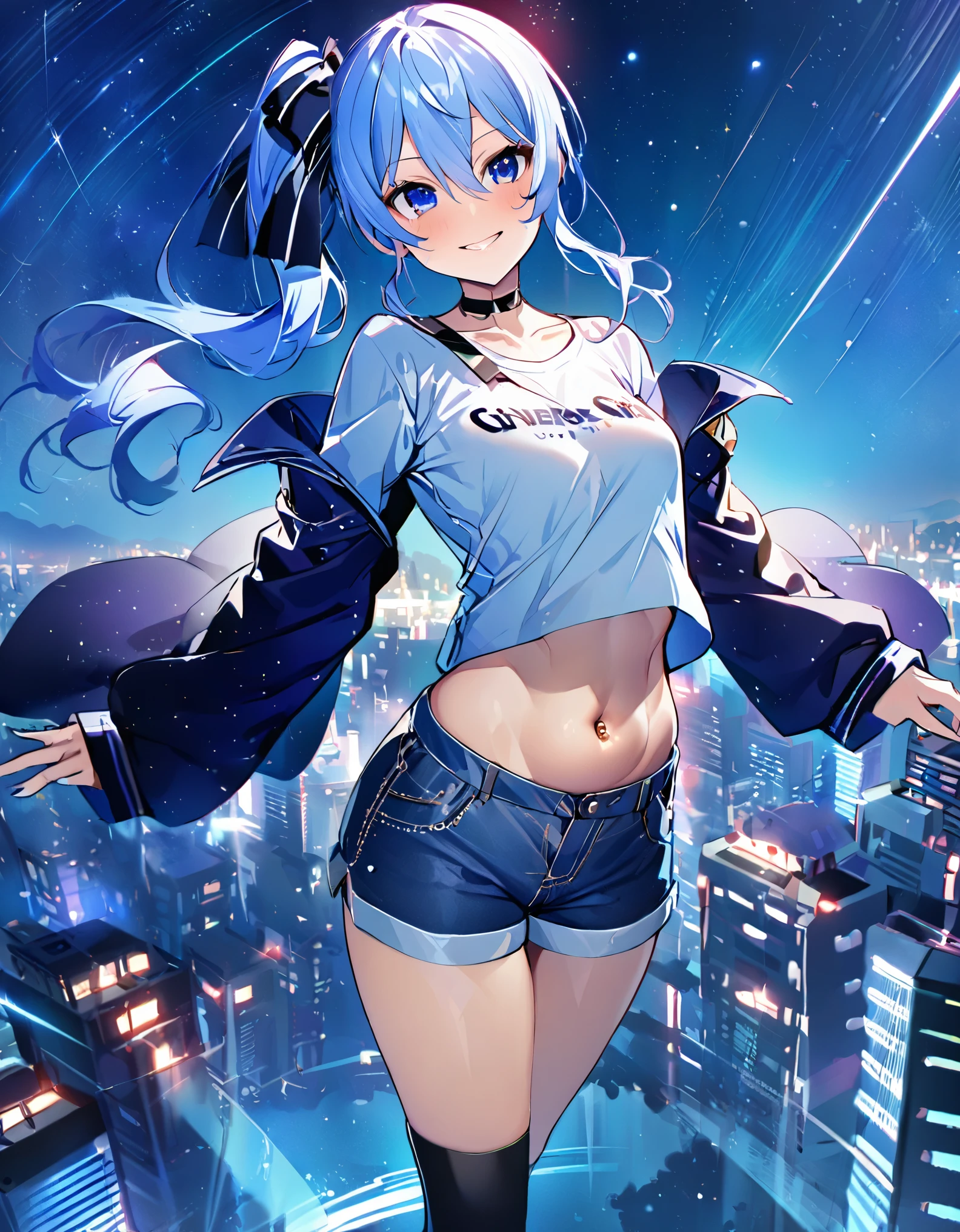 (8k、Best image quality、highest quality、masterpiece)、Detailed face、 1teen_girl、Blue Hair、Long Hair、sideponytail、dark_blue_eyes、smile,(navel_peek)、(small_breasts:0.8),(White_short_T-shirt:1.3)、Off the shoulder、Black shoulder straps、(open_front_shorts,denim_short_shorts:1.2)、City Background, starry_sky_landscape ,hoshimachi suisei,(covered_nipples:0.3), (belly_button:1.2),nihil,solo,stargaze,girl_looking_up_sky,slender,solo,boots,abs, tight_waist, point_to_sky