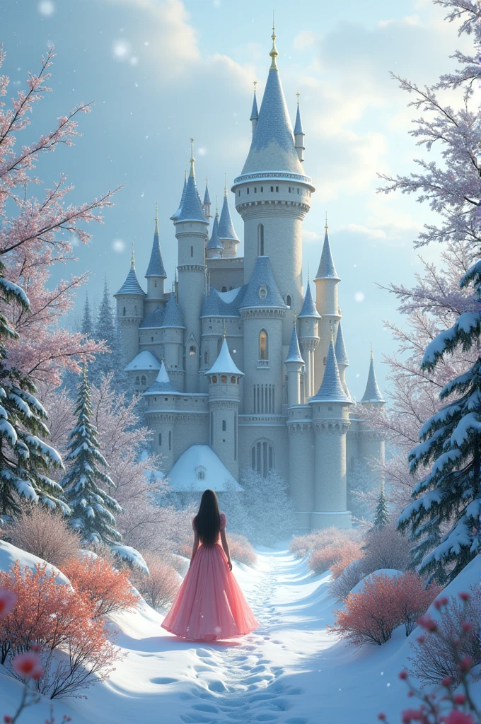 Create a picture where the snow falling down and the castle shining.The castle decorated with color full flowers.The princess walking on the castle .