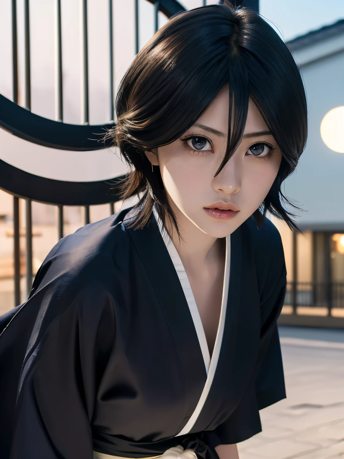 Black Hair, One girl, short hair, alone, (Hair between the eyes:1.75), View Viewer, blue eyes, black kimono, hakama pants, hight school girl,
最high quality, masterpiece, High resolution, high quality, natural skin, (close up:1.3) photo of as (young:1.0) woman, dynamic angle, dynamic pose,
(slick undercut hair:1.2), (8k uhd:1.0), (best quality:1.0), (masterpiece:1.0), (sharp focus:1.0), (basic grey backdrop:1.0), Realistic photos, 
Black kimono, Purple eyes, 
(((Visual impact,flying shadow))), ((round frame:1.3)), full moon, (City of night,in street), (lamp), (large gate:1.3),