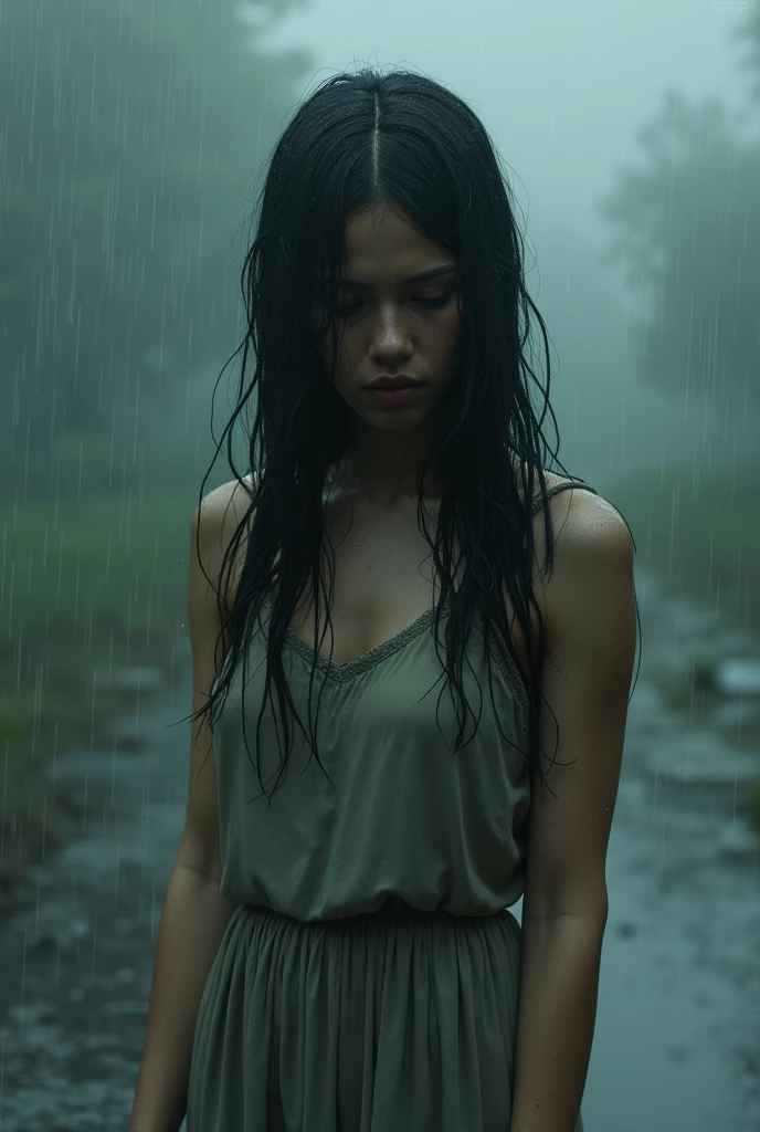 A sad indian girl in her twenties drenching in heavy rain sitting alone wearing a dress ...sitting in grass and thinking