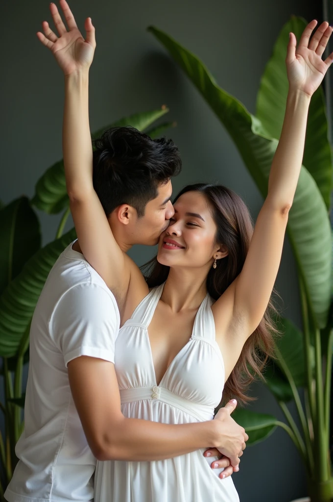 romantic couple. an Indonesian man (lying on the banana leave), (laughing cheerfully), (above him there was a woman sitting laughing). in high school uniforms with white tops and gray bottoms, blank gray tie