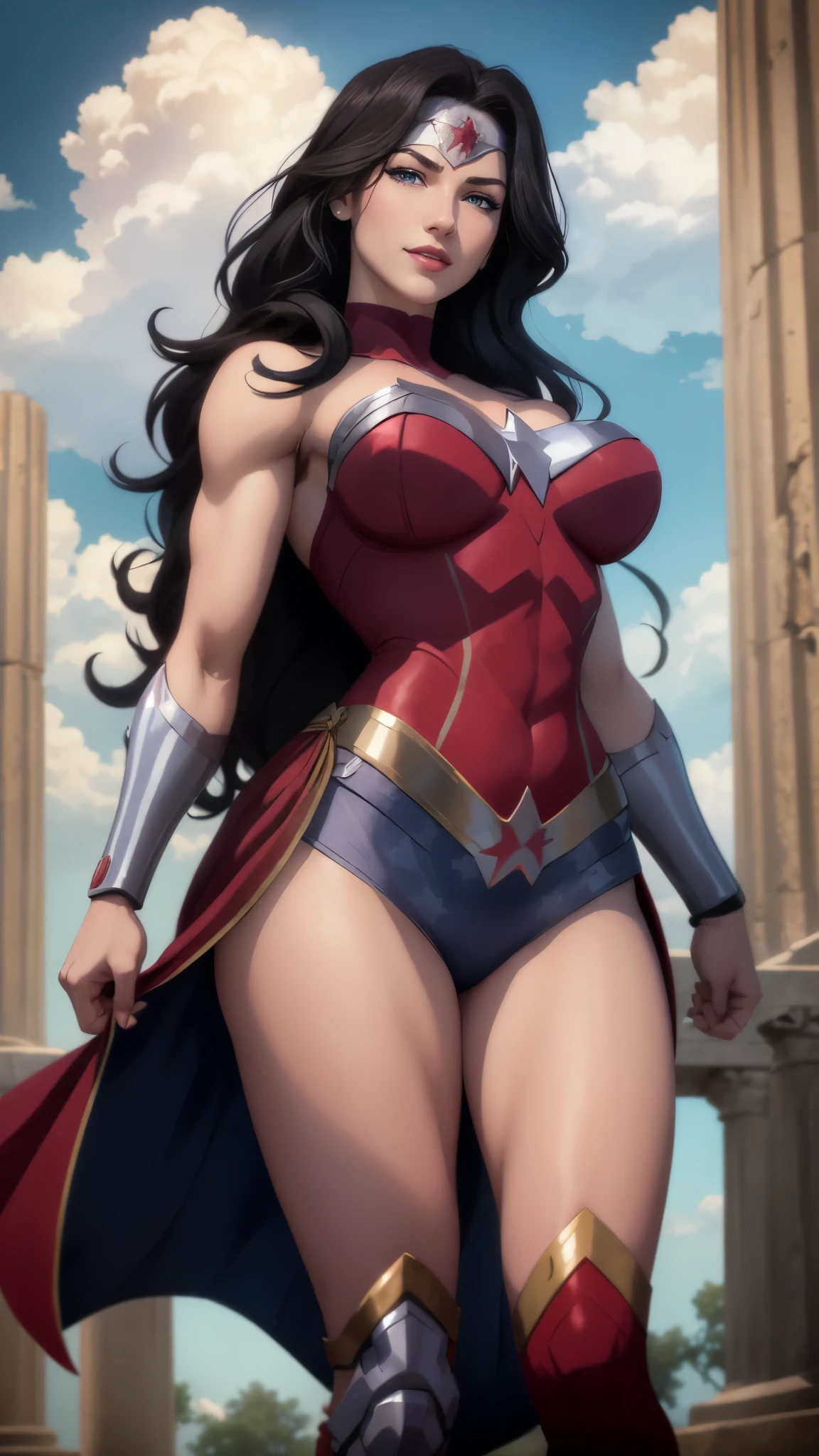 wonder woman da DC,(best qualityer,4K,8k,high resolution,work of art:1.2)(weather: cloudy), greek temple background, temple ruins, long curly hair, black hair, red top, blue micro shorts, red thigh high boots, diadem, spartan armor, dress trail, bracelets, long spartan cape, stretching exercises, ultra detailed,portrait,realistic,beautiful detailed blue eyes, beautiful detailed lips,extremely detailed eye and face, long eyelashes,average,large breasts,flying hair,beaming smile, sexy smile,powerful girl, bright coloured, dramatic lighting,