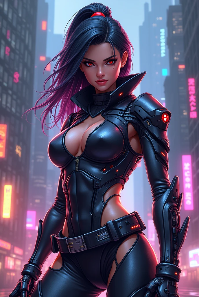 (best quality,4k,8k,highres,masterpiece:1.2),ultra-detailed,(realistic,photorealistic,photo-realistic:1.37),red eyes demon gothic woman,large breasts,cyberpunk background,sharp focus,physically-based rendering,extreme detail description,professional,vivid colors,bluish-purple color palette,neon lighting,dystopian setting,cityscape,gritty atmosphere,steampunk elements,leather clothing,futuristic technology,silver accessories,dark makeup,confident pose,moonlit sky,edgy,haunting,erotic,provocative,sexy attire,heavy metal music,gothic architecture,smoke and fog effects,ominous presence,subtle glow
