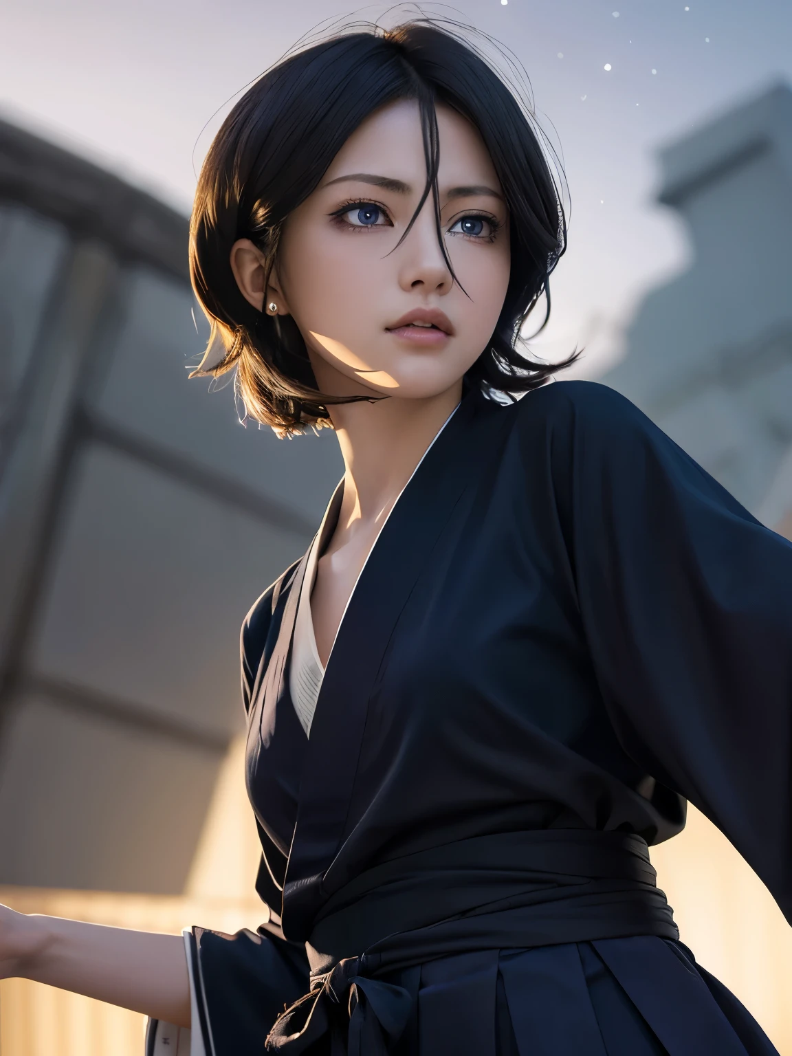 Black Hair, One girl, short hair, alone, (Hair between the eyes:1.75), View Viewer, blue eyes, black kimono, hakama pants, hight school girl,
最high quality, masterpiece, High resolution, high quality, natural skin, (close up:1.3) photo of as (young:1.0) woman, dynamic angle, dynamic pose,
(slick undercut hair:1.2), (8k uhd:1.0), (best quality:1.0), (masterpiece:1.0), (sharp focus:1.0), (basic grey backdrop:1.0), Realistic photos, 
Black kimono, Purple eyes, 
starry sky, wind,night,star, shadow,ruins,twinkle star,