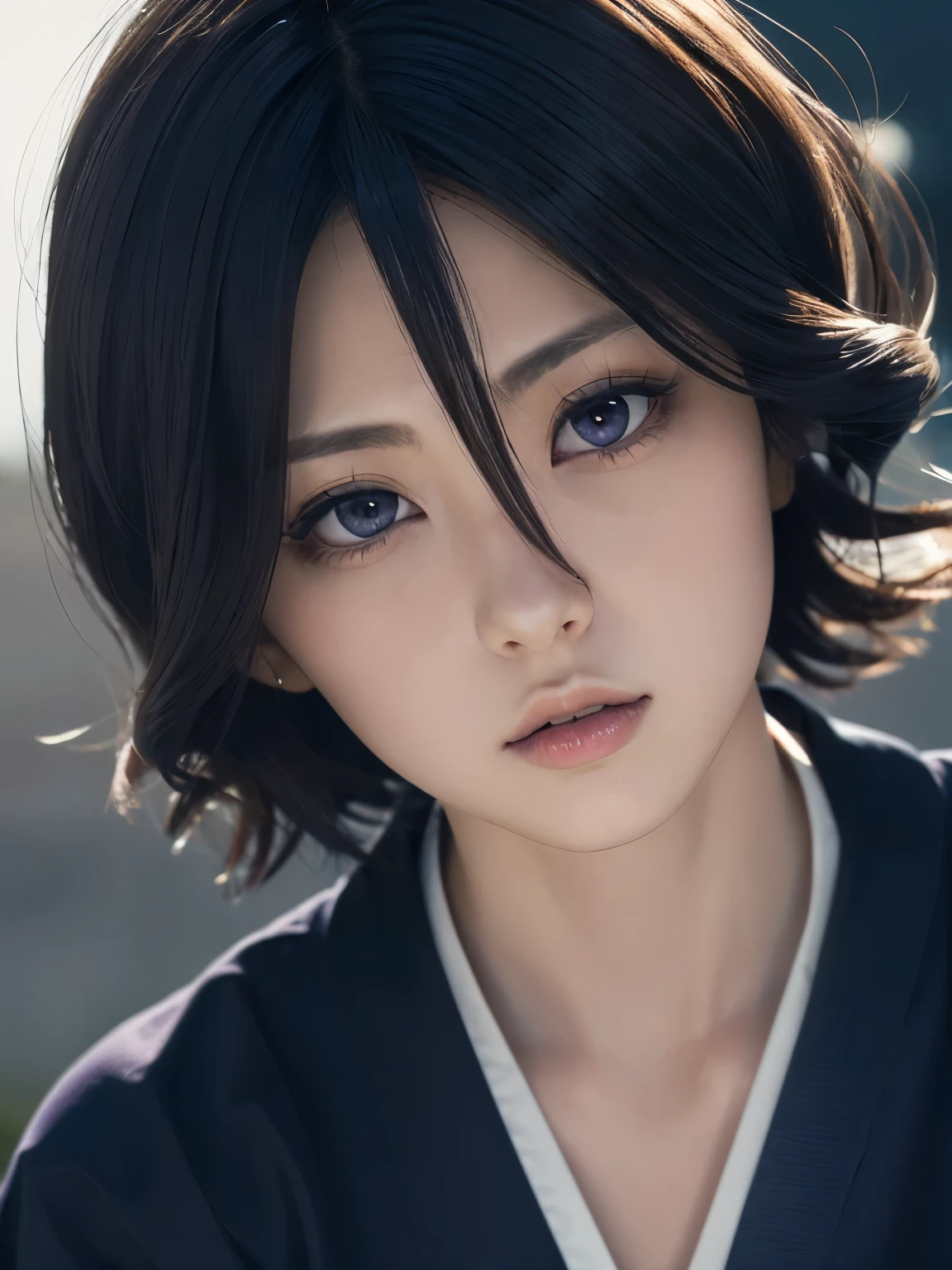 Black Hair, One girl, short hair, alone, (Hair between the eyes:1.75), View Viewer, blue eyes, black kimono, hakama pants, hight school girl,
最high quality, masterpiece, High resolution, high quality, natural skin, (close up:1.3) photo of as (young:1.0) woman, dynamic angle, dynamic pose,
(slick undercut hair:1.2), (8k uhd:1.0), (best quality:1.0), (masterpiece:1.0), (sharp focus:1.0), (basic grey backdrop:1.0), Realistic photos,
Black kimono, Purple eyes,
starry sky, wind,night,star, shadow,ruins,twinkle star,