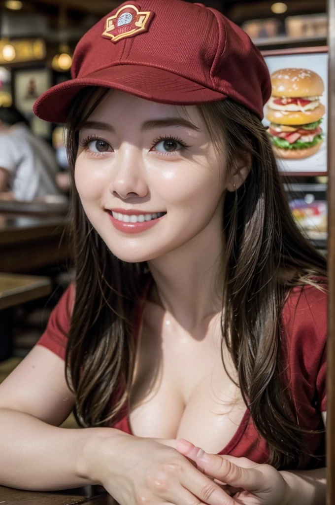 nsfw、(Best Quality、masterpiece、Best Quality、High resolution)、One Woman、(huge breasts、cleavage、dynamic pose、dynamic angle)、


She works at a burger shop.。She is wearing a red uniform and cap。She works behind the counter taking orders quickly and serving customers with a smile.。The face is bright and friendly。The store is lively and the other staff are busy moving around.。Menus and posters are posted around the restaurant, and trays and drinks are lined up on the tables.。