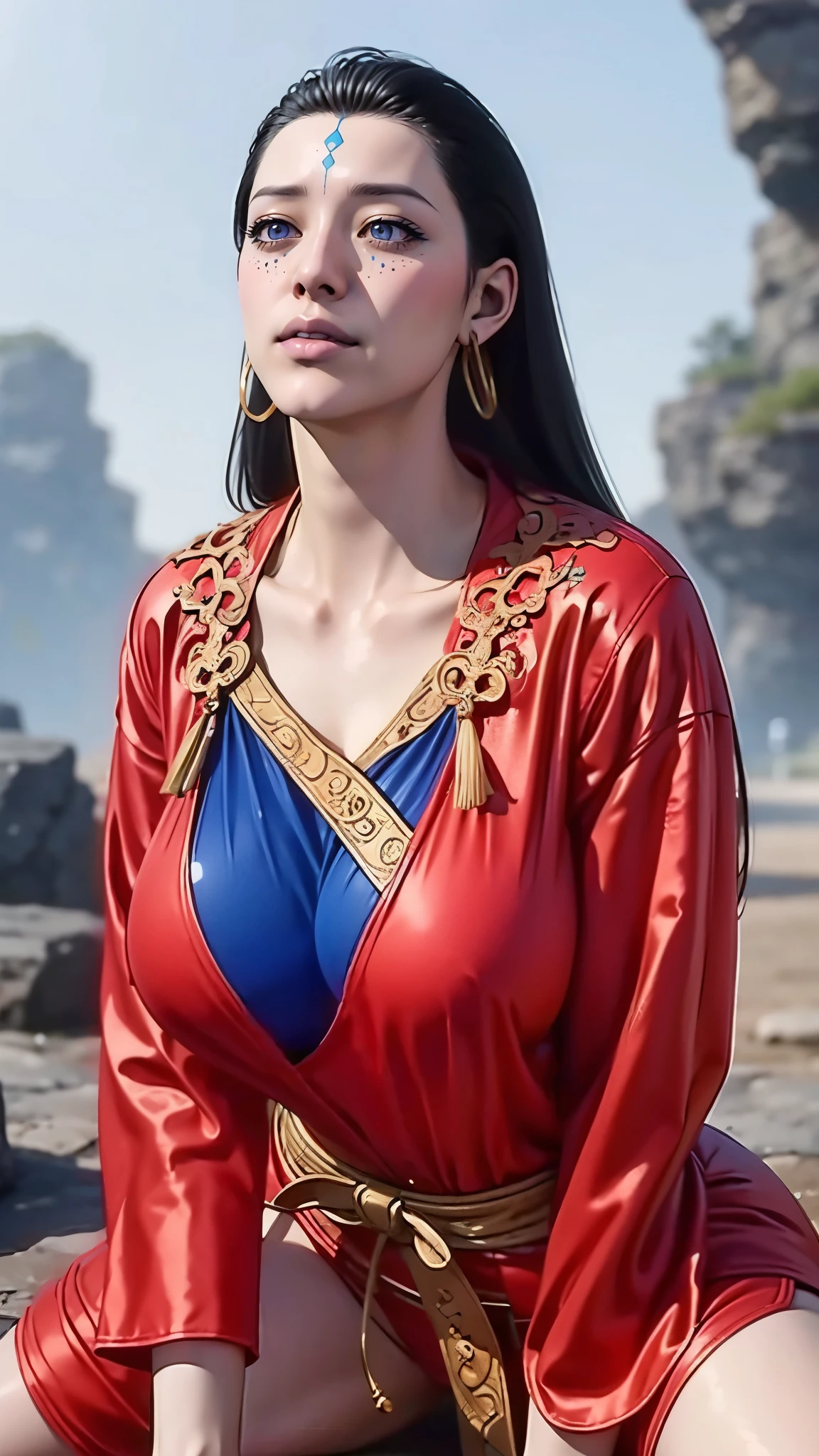 (（（Perfect body,White and tender skin,（（（Wearing a blue and red robe）））,(（（Black Myth: Wukong - Kang Jinlong，forehead mark，Blue marks on the forehead, rings on both ears,））),((masterpiece)),highres,((Best quality at best)),masterpiece,quality,Best quality,(（（ Exquisite facial features,Looking at the audience,There is light in the eyes, ）））,Huge breasts，A girl，Kneeling on the ground，Look up，）））