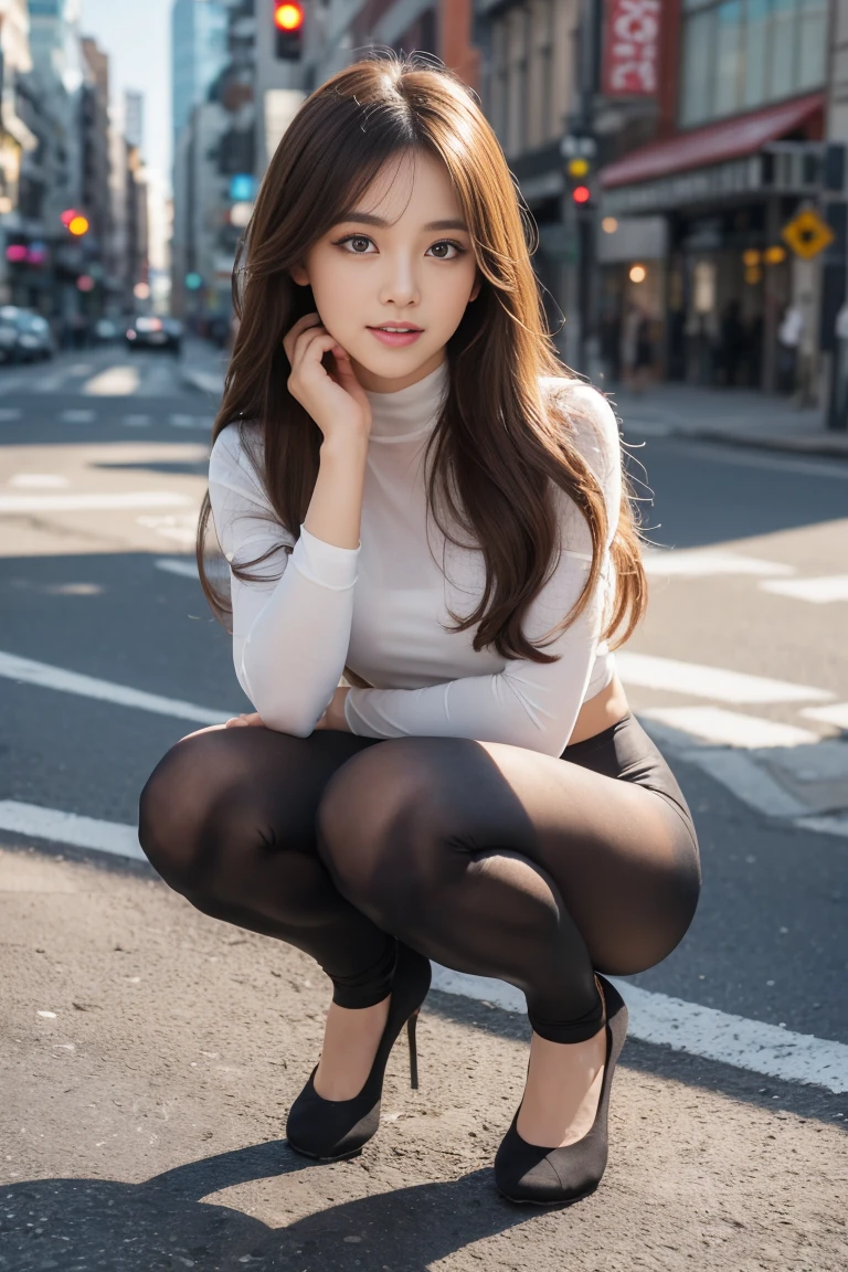 whole body, highest quality, Realistic, Very detailed, finely, High resolution, 8k wallpaper, 1. Beautiful Women,, Light brown messy hair, Wearing a business suit, Sharp focus, Perfect dynamic composition, Beautiful and detailed, Thin Hair, Detailed Realistic skin texture, smile, Close-up portrait, Model Body Type,Cleavage、筋肉質で長くBeautiful feet、Beautiful legs、Super mini tight skirt、squat、She wears pantyhose directly without wearing panties、Open legs、thin black pantyhose、I can see the toes of her high heels、Perfect Style、Perfect Legs、Long, muscular legs、Beautiful feet、healthy and long legs、Poses that accentuate the legs、Beautiful toned ankles、Hard-boiled, muscular legs、Wearing thin black pantyhose,Long beautiful legs、Wearing Louboutin high heels、Big Hips、Tight waist、Angle from below、Outdoors、Six-pack、smileでしゃがんで大きく足を開く、smileで股間を見せつける、The crotch is illuminated with beautiful cinematic lighting.、Raise your hands to show your armpits、