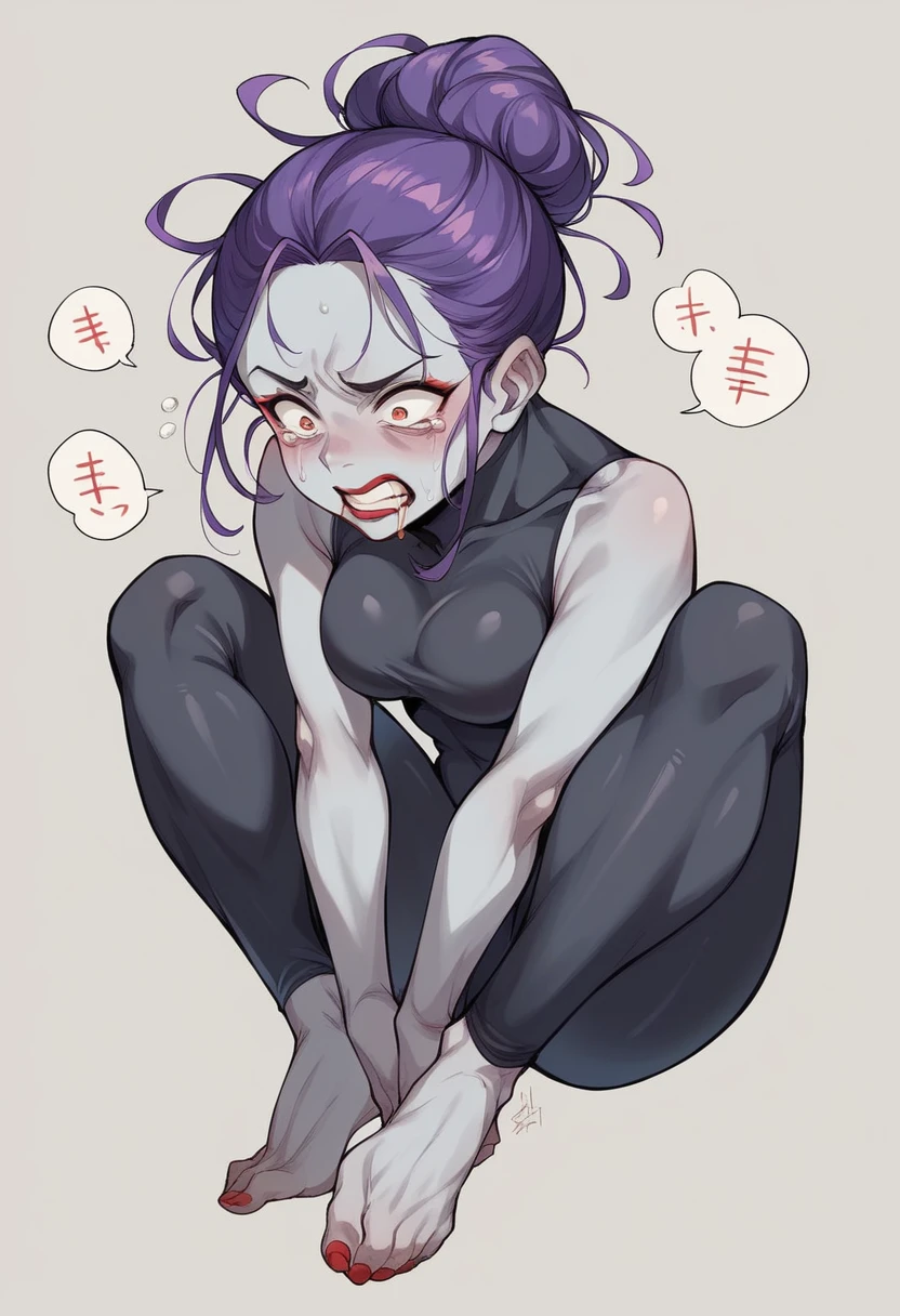 create a picture of a female half rabbit character with purple giant rabbit digitigrade legs with white paws and black stains, put purple rabbit ears on top of her head with black stains, make her wearing a black athletic tank top and black shorts, put purple fur on her arms from her elbows down, give her short brown hair, make her legs look fluffy and furry, make it in an anime style, make her outfit slightly tattered and torn, make her look super tired, give her black gauntlets, make the background look like a pitch black wet environment, cover her fur in black goo, make the black goo dripping from her arms and legs, make her look bruised, put her in a defeated stance, give her a black tattered cape, give her moderate breasts, give her several large bandages, cover the ground in black goo, make it raining black goo, make the environment very dark, completely soak her in black goo, nearly completely cover her legs in black goo