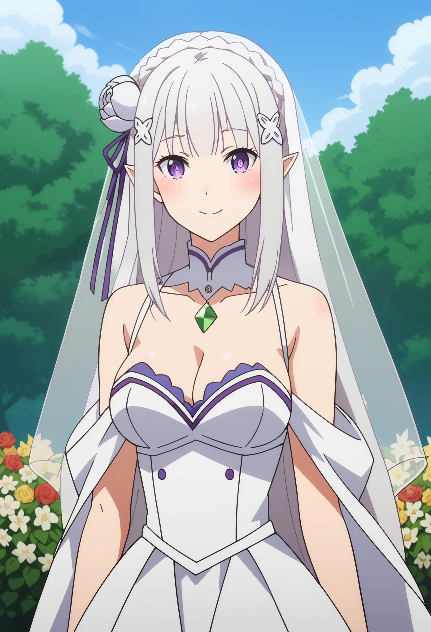 score_9, score_8_up, score_7_up, source_anime, solo, 1girl, emilia, braid, crown braid, flower, hair flower, hair ornament, hair ribbon, long hair, pointy ears, purple eyes, white hair, x hair ornament, blushing, looking at viewer, wedding dress, wedding veil, off shoulder, cleavage, smile, outdoor, sky, outdoor, standing, cowboy shot, jewelry, flower, medium breasts, anime screencrap