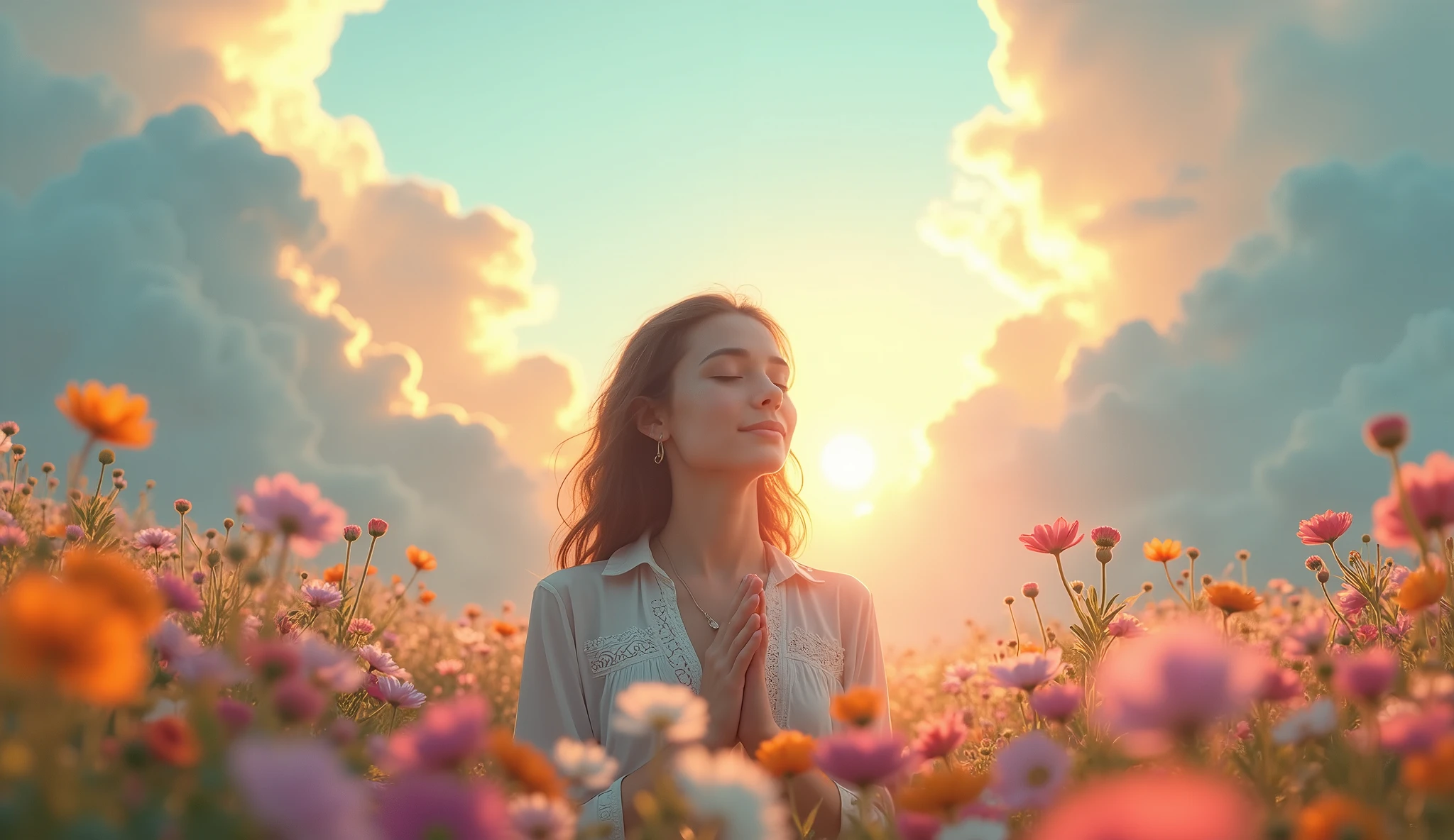 Arafed woman in a field of flowers with the sun setting - SeaArt AI