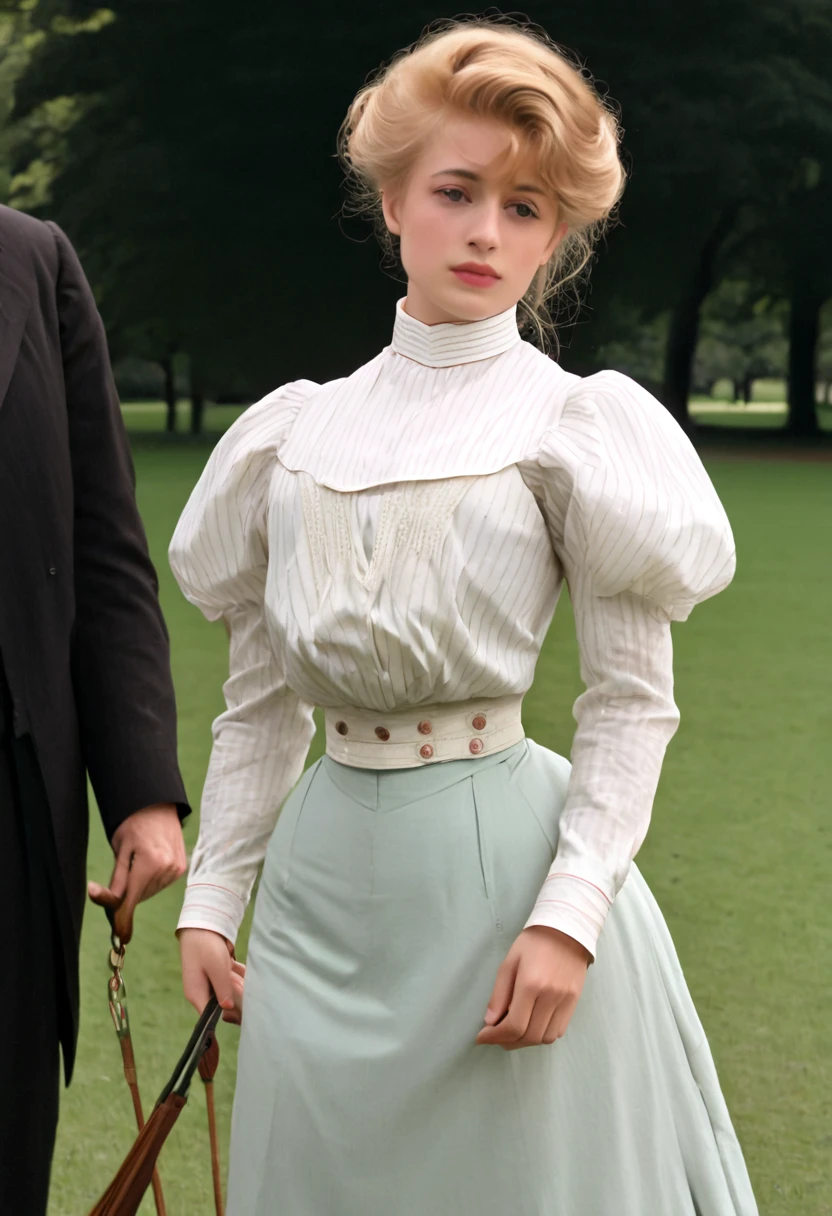 A gorgeous well-endowed **** blonde Gibson Girl bimbo (((fondled by a large horny 69yo gentleman behind ger))) in a park. Year 1902. (((1900_dr3ss))). Short girl with an hourglass figure wearing an elegant white Edwardian outfit consisting of a high-collar long sleeve shirtwaist, long skirt and a wide-brimmed hat, large tits, wasp waist, massive ass. Man wearing a three-piece suit. (((Young girl and old man. Man taller than girl)))