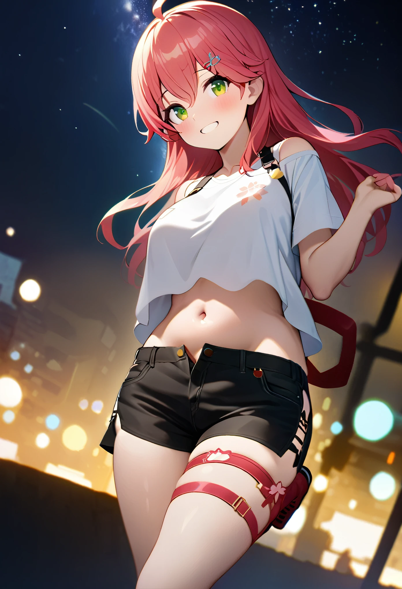 (8k、Best image quality、highest quality、masterpiece)、Detailed face、 1teen_girl、pink Hair、Long Hair、green_eyes、smile,(navel_peek)、(large_breasts),(White_short_T-shirt:1.5)、Off the shoulder、Black shoulder straps、(open_front_shorts,denim_short_shorts:1.2)、City Background, starry_sky_landscape ,sakura_miko,hololive,(covered_nipples:0.3), (belly_button:1.2),solo,stargaze,girl_looking_up_sky,shoot_boots,