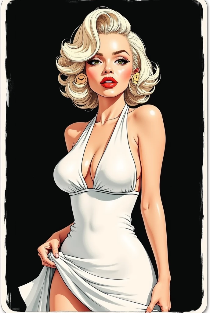 comics cartoon 1.2 style,marina Laswick very very beautiful is Marilyn Monroe,Beautiful skin,georgeous blue eyes,full red lips,georgeous light dress very low cut slit bare arms light sky blue with gold patterns,georgeous very generous chest,georgeous sublime short curly platinum blonde hair,8k coarse rough textures,comics cartoon 1.2 style,highly quality digital painting,glow light,Sharp focus,full body