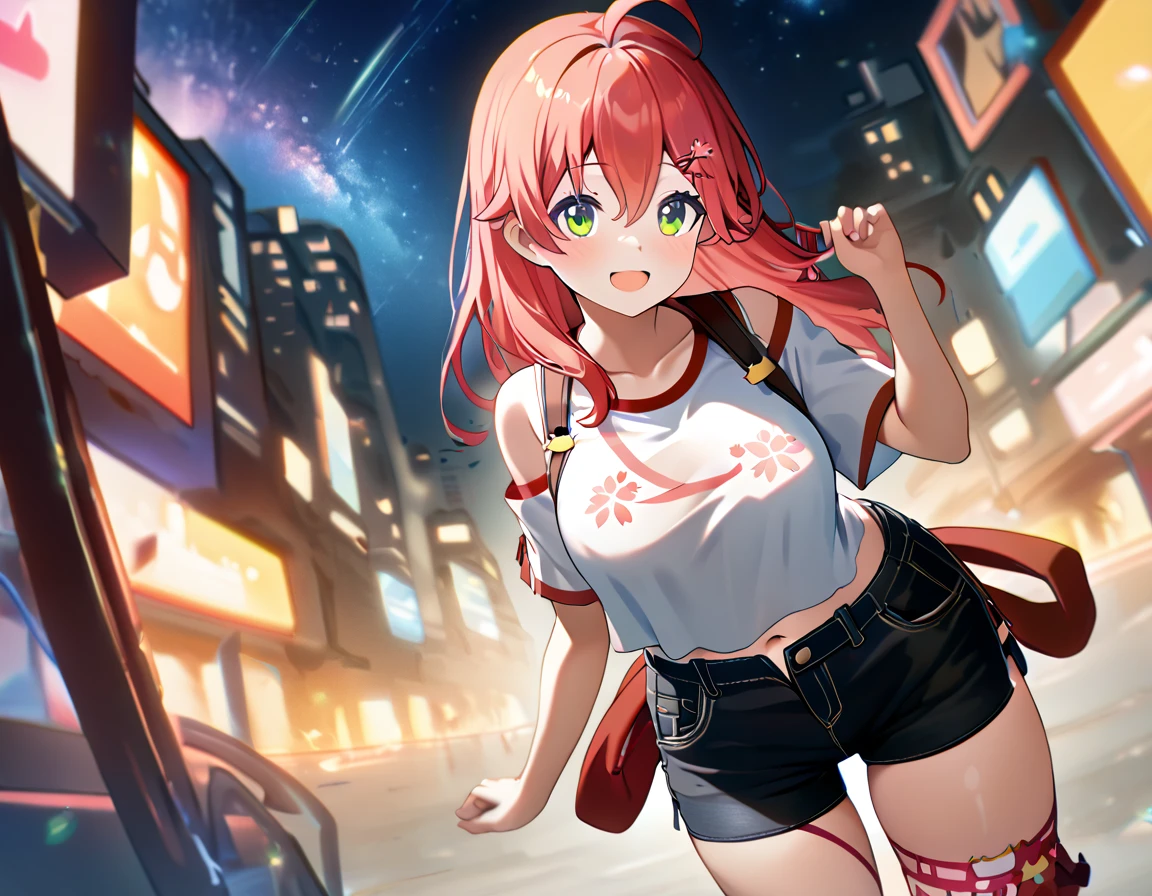 (8k、Best image quality、highest quality、masterpiece)、Detailed face、 1teen_girl、pink Hair、Long Hair、green_eyes、smile,(navel_peek)、(large_breasts),(White_short_T-shirt:1.5)、Off the shoulder、Black shoulder straps、(open_front_shorts,denim_short_shorts:1.2)、City Background, starry_sky_landscape ,sakura_miko,ho****ve,(covered_nipples:0.3), (belly_button:1.2),solo,stargaze,girl_looking_up_sky,shoot_boots,