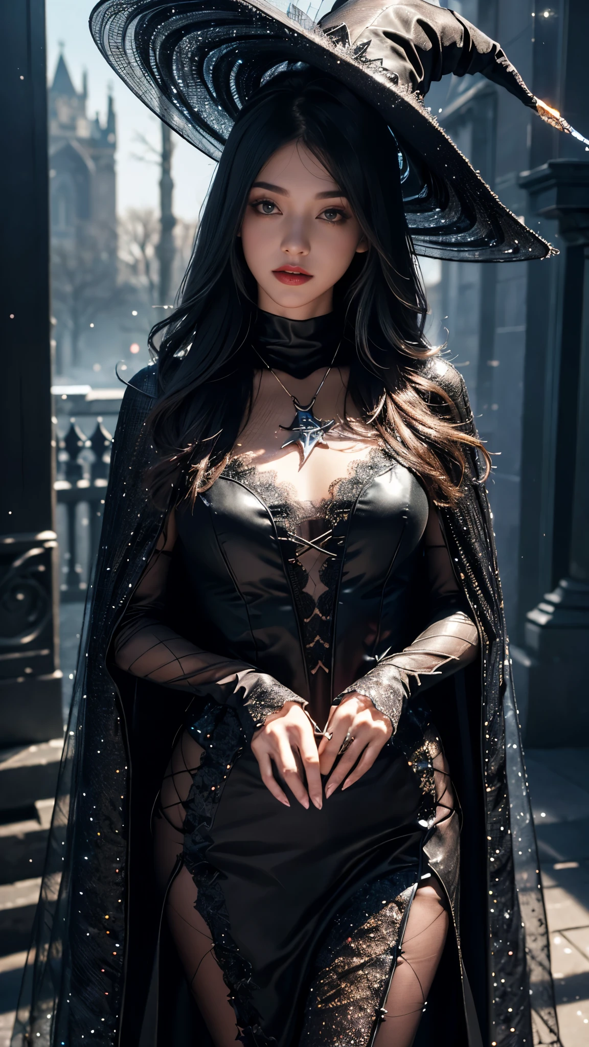 (masterpiece:1.15), (high quality:1.15), highres, absurdres, original, official art, extremely detailed CG unity 8k wallpaper, perfect lighting, rim lighting, soft illumination, low key, lens flare, sharp focus, bokeh, colorful, accurate, beautiful character design, perfect face, perfect anatomy, beautiful body, good hands, furry \(style\), toon \(style\), (by Ultrabondagefairy: by Jorge Jacinto:0.6), dynamic pose, 1girl, monster, scars, solo, tall stature, random eye color, internal glow, (glowing eyes:1.25), large round eyes, sunken eyes, detailed eyes, clothed, gothic attire, shawl, robe, wide sleeves, wide-brim hat, very long hair, wavy hair, (ghostly hair:1.25), animal skull, large horns, twisted branching horns, elongated fingers, gauntlets, outdoors, gothic city landscape, hazy, night, moon in distance
