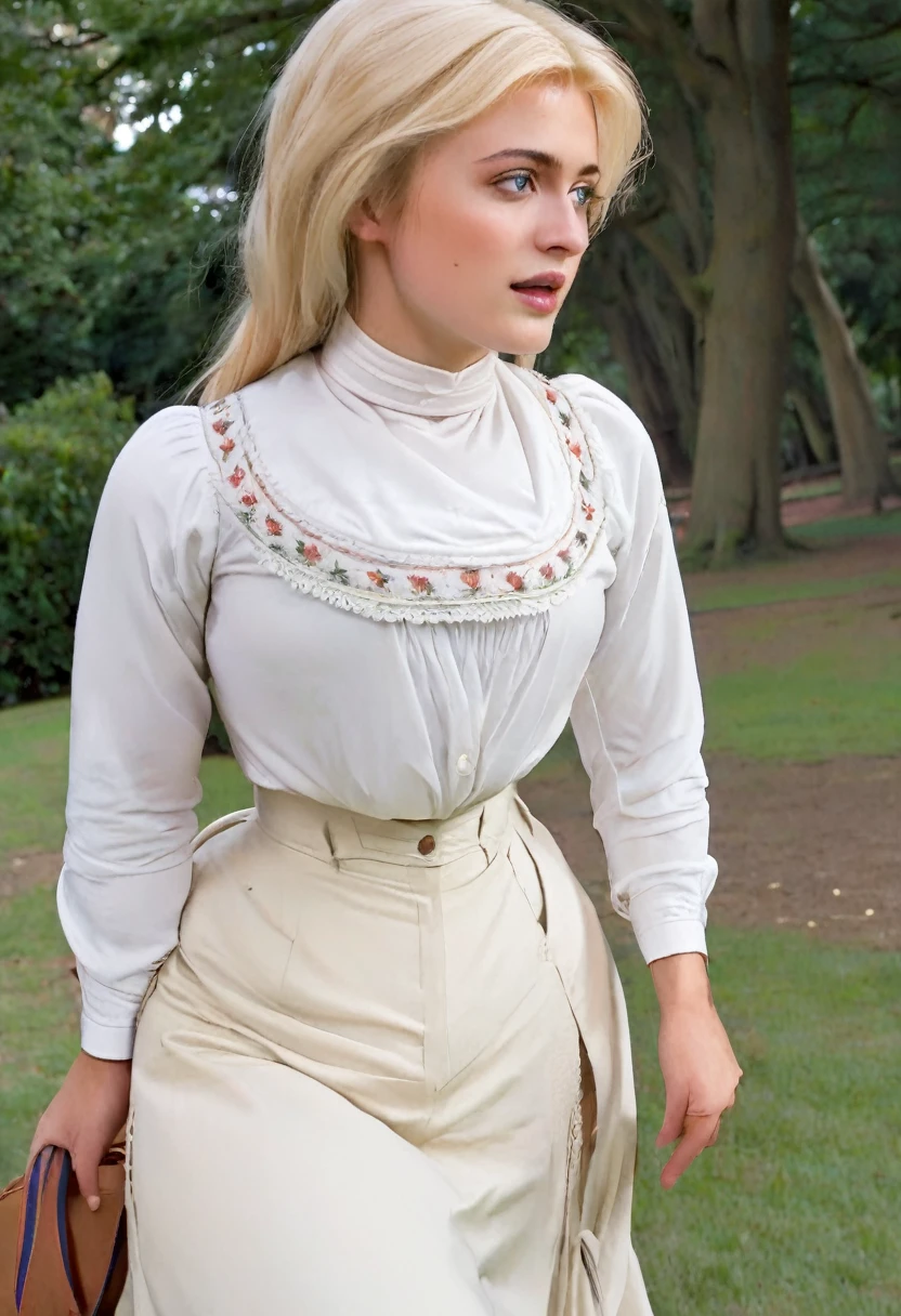 A gorgeous well-endowed **** blonde Gibson Girl bimbo (((fondled by a large horny 69yo gentleman behind her))) in a park. Year 1902. (((1900_dr3ss))). Short girl with an hourglass figure wearing an elegant white Edwardian outfit consisting of a high-collar long sleeve shirtwaist, long skirt and a wide-brimmed hat, large tits, wasp waist, massive ass. Man wearing a three-piece suit. (((Young girl and old man. Man taller than girl)))