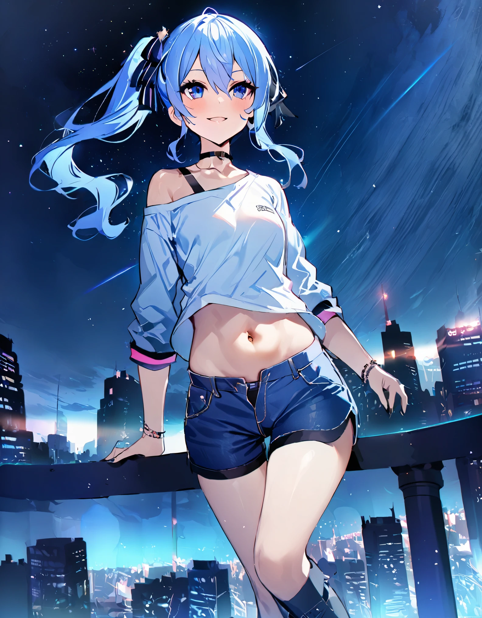 (8k、Best image quality、highest quality、masterpiece)、Detailed face、 1teen_girl、Blue Hair、Long Hair、sideponytail、dark_blue_eyes、smile,(navel_peek)、(small_breasts:0.8),(White_short_T-shirt:1.3)、Off the shoulder、Black shoulder straps、(open_front_shorts,denim_short_shorts:1.2)、City Background, starry_sky_landscape ,hoshimachi suisei,(covered_nipples:0.3), (belly_button:1.2),nihil,solo,stargaze,girl_looking_up_sky,slender,solo,boots,abs, tight_waist, point_to_sky